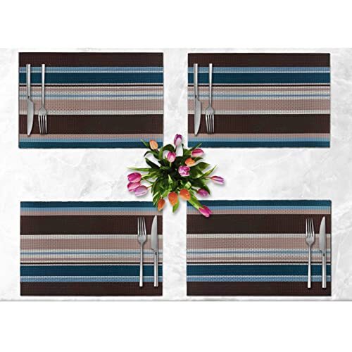 CK Home Modern Stripe Runner & Placemats Set of 5 Woven Vinyl Teal