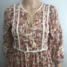 Old Navy Midi Dress Sz XS Peasant Boho Western Cottagecore Puff Sleeve Tassels