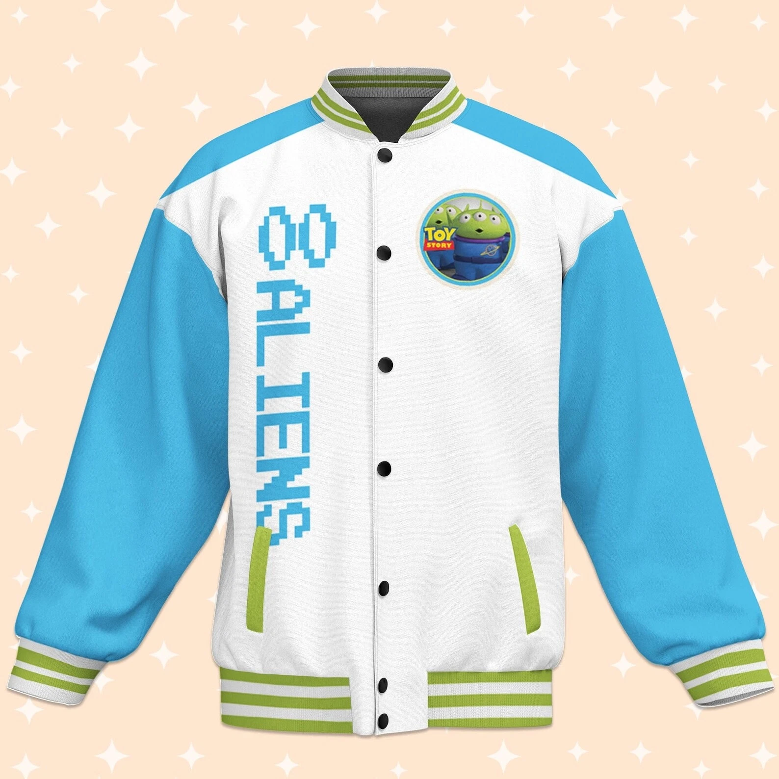 Custom Toy Story Alien Blue Baseball Jacket, Adult Varsity Jacket, Personalized
