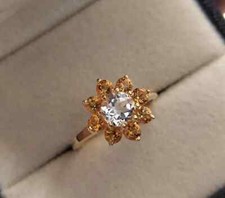 Sunflower Citrine Floral Ring Round White Topaz with a Cluster of Citrines set