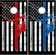 Lineman Red Blue Flag LAMINATED Cornhole Wrap Bag Toss Skin Decal Sticker