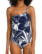 NEW LA BLANCA 'At the Playa' One Shoulder 1-Piece Swimsuit Size 12 Indigo/White