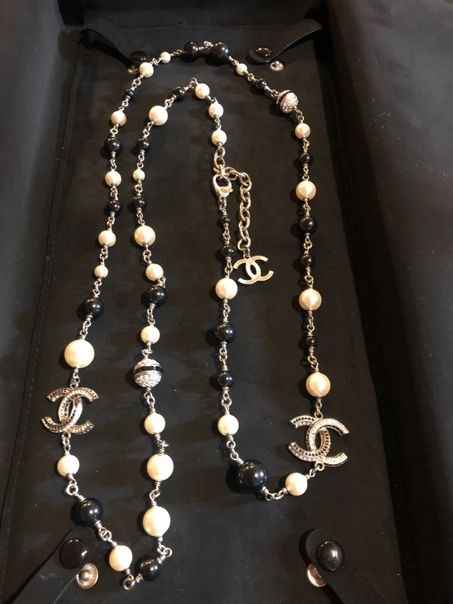 Chanel CC Black Faux Pearl Long Bead Strand Necklace 