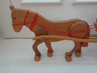 ANCIEN JOUET STYLE DEJOU ATTELAGE CHEVAL A ROULETTES REMORQUE