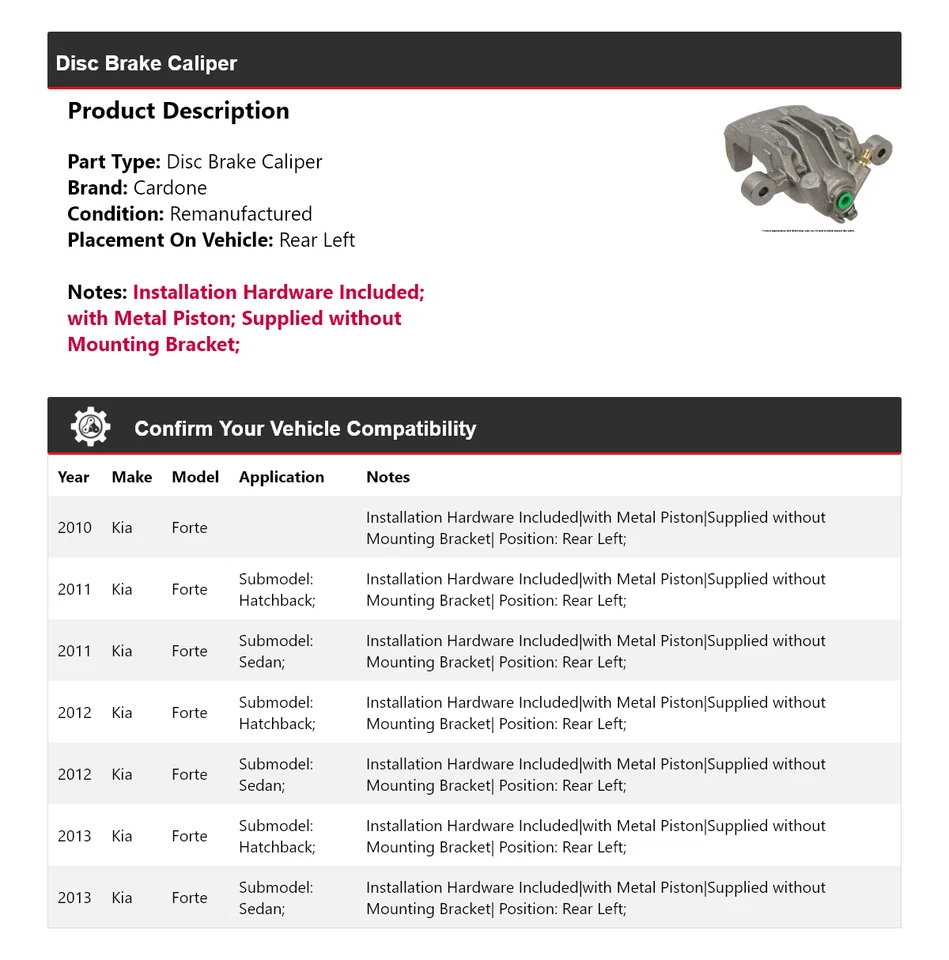 For 2010-2013 Kia Forte Disc Brake Caliper Rear Left Cardone 2011 2012 - Image 2 of 4
