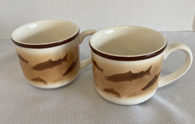 Alaska Mugs Set Of 2 Thomas Norby Big Sky Lodge Salmon Pattern Brown