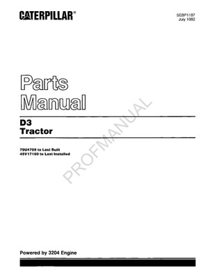Caterpillar Cat D3 Tractor Parts Catalog Manual SEBP1187