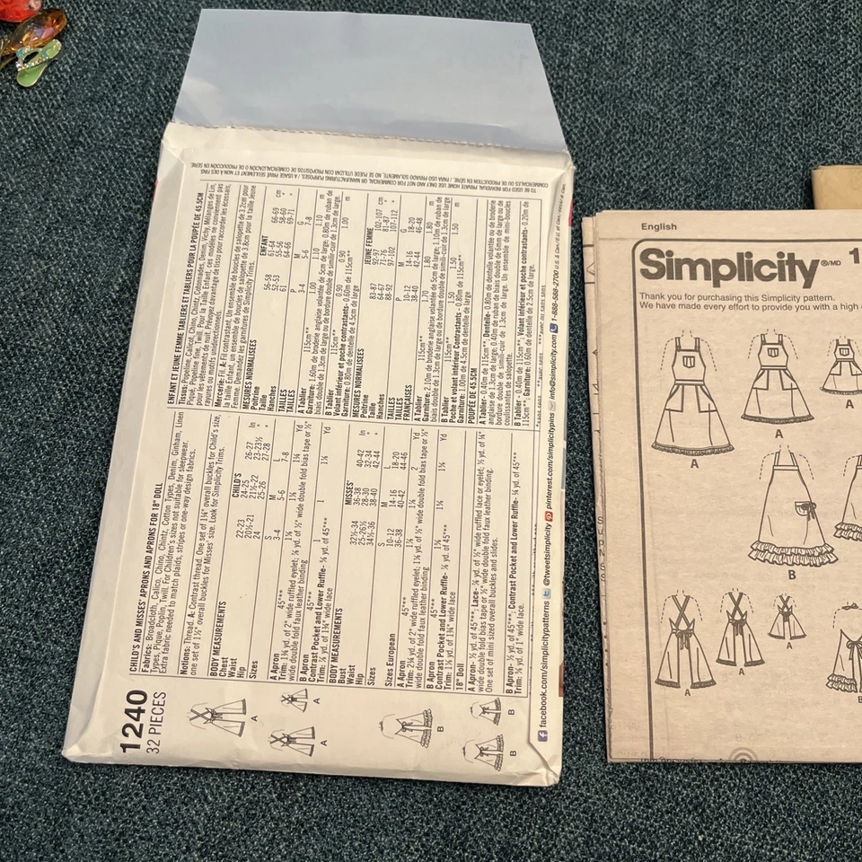 Simplicity 1240 Aprons Child Misses 18" Doll Sewing Pattern size S-L - Image 2 of 4