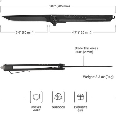 EDC Pocket Knife - 7CR13Mov Steel Tanto Blade, Slim Survival Knife with Clip ...