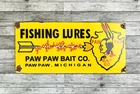 VINTAGE 12x5.5" PAW PAW BAIT CO. FISHING LURES OIL GASOLINE PORCELAIN GAS SIGN