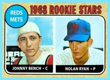 Johnny Bench Nolan Ryan Custom Made Art Card Reds Mets Rookies 1968 Style