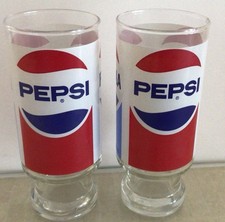 Pepsi Logo Drinking Glasses 6 1/2 Set Of 2 Vintage White Red Blue 1970 Soda