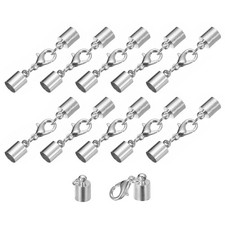 10 Set 6mm Leather Cord End Caps with Lobster Claw Clasps Rhodium Tone