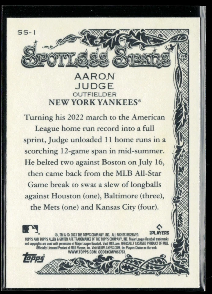 2023 Topps Allen & Ginter Spotless Spans #SS-1 Aaron Judge - Image 2 of 2