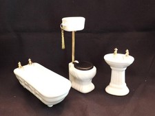 Vtg 3 Pc Doll Porcelain Victorian Bathroom Set Tub Chain Toilet Sink NOS Box