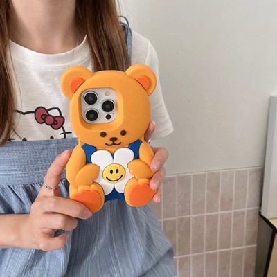 3D Cute Orange Bear with Flower Shockproof Phone Case for iPhone 12-16 Pro Max