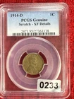 1914-D Lincoln Wheat Small Cent PCGS Genuine Scratch XF ref #233