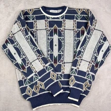 Vintage Van Heusen Hennessy Sweater Mens XL Tall Blue Geometric Knit Retro 90s