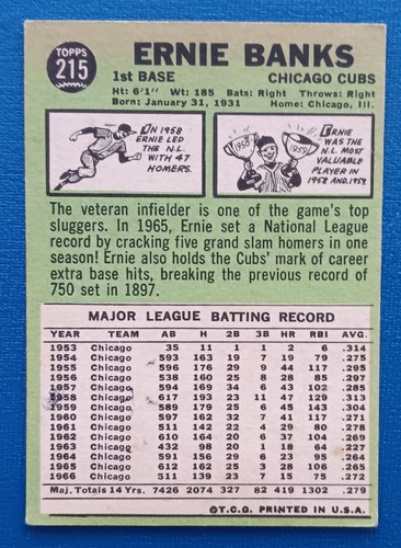 1967 Topps Baseball #215 HOF Ernie Banks Chicago Cubs - EX+ (OC) - Picture 2 of 2