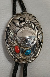 Vintage Southwestern Bolo Neck Tie Slide Buffalo Nickel Turquoise Coral