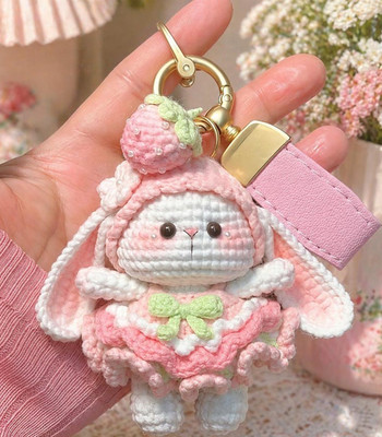 Handmade Pink & White Bunny Key Chain Crochet Plush Cute Amigurumi Rabbit
