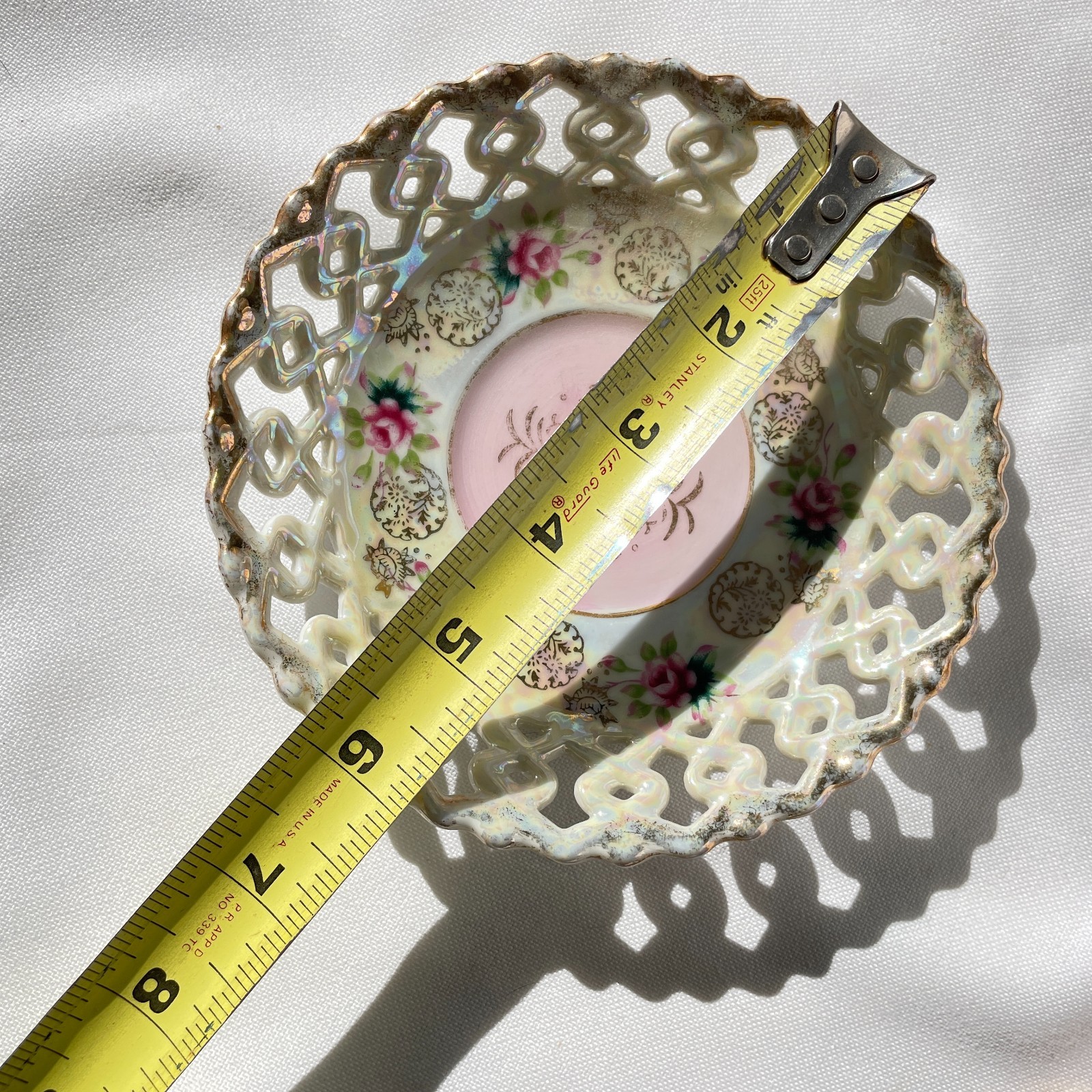 Vintage Bone China Lusterware Footed Teacup Pierced Saucer Small Roses Japan