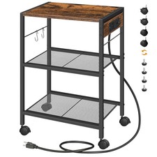 3-Tier Rolling Printer Stand with USB Ports Power Outlets, Rustic Brown