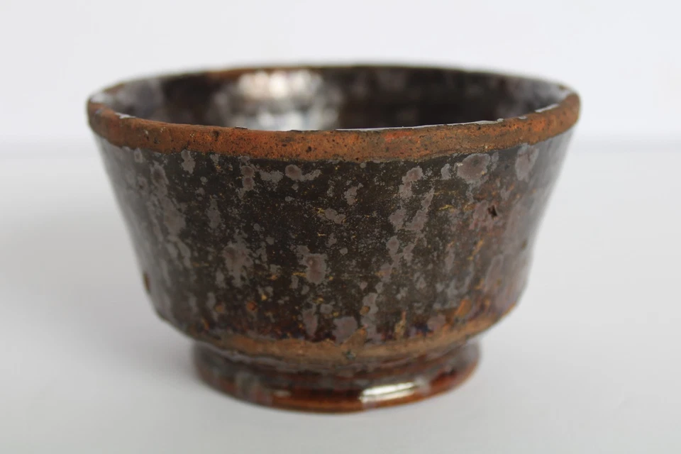Antique Glazed Primitive Redware Footed Custard / Tea Cup, Signed: J.F. ? - Image 1 of 4