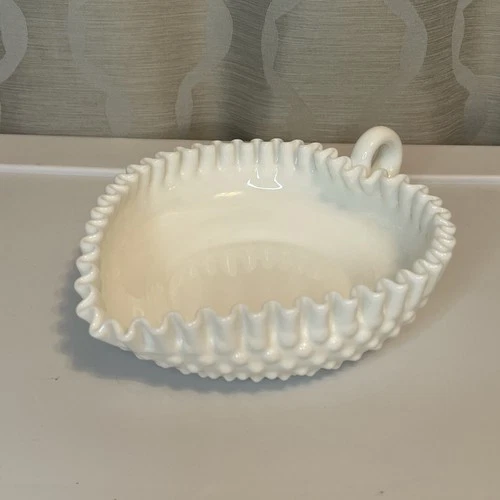 Vintage Fenton Hobnail Milk Glass Nappy Candy Dish Ruffled Edge Handled