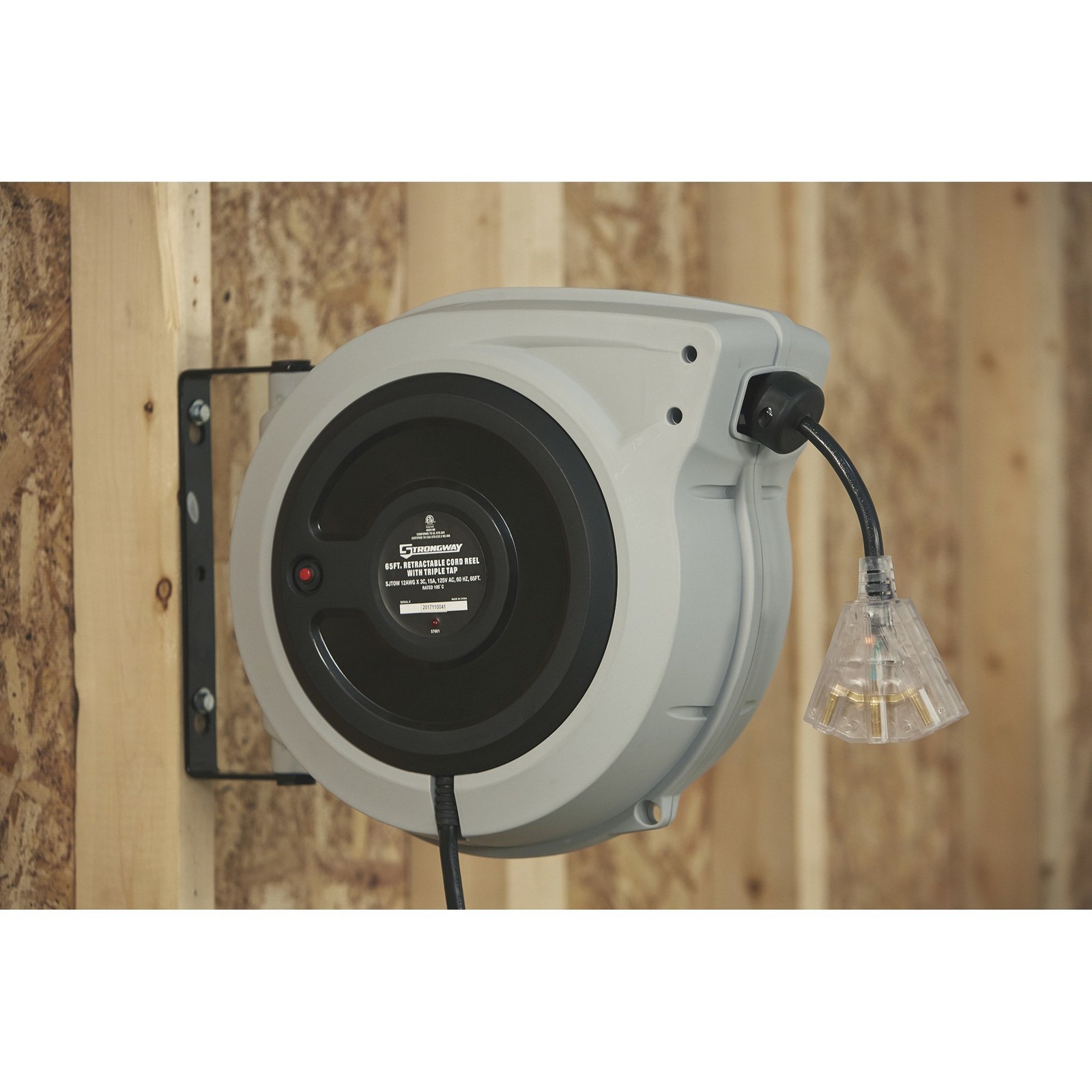 Strongway Retractable Cord Reel, 65ft.L, 12/3, Triple Tap