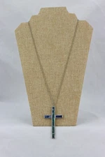 Stained Glass Blue Cross on Silver Tone Chain Necklace, 16gr
