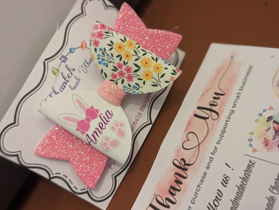 Handmade Personalised happy Easter Glitter Hair Bow Clip ( Any Name ) - Image 2 of 2