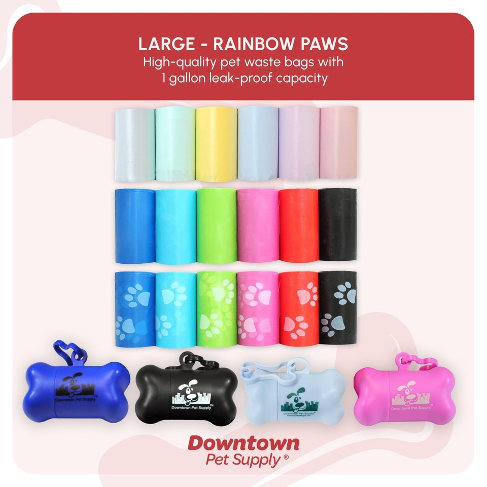 Downtown Pet Supply Dog Poop Bags (2200 CT Rainbow Paw Print Bags & 2