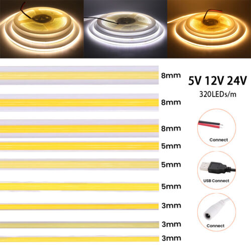 COB LED Strip Lights 5V 12V 24V Flexible Tape Rope Cabinet Self Adhesive White - Picture 1 of 30