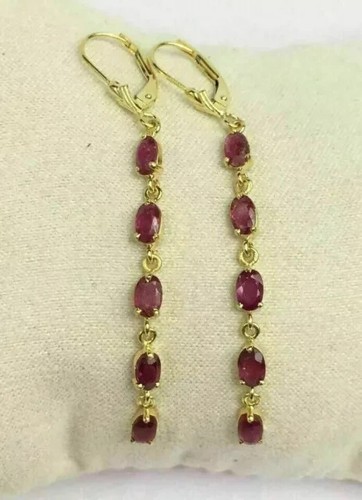 3.00 Ct Oval Cut Lab-Created Ruby Long Dangle Earring 14k Yellow Gold Plated - Picture 2 of 4