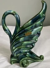 Vintage Royal Haeger R285 Art Pottery Green Agate 8 3/4” Swirl Swan Vase W/Label