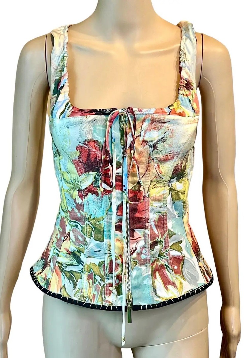 Top Roberto Cavalli Orange Imprimé Animal Et Médaillon Floral, Taille 42, Italie