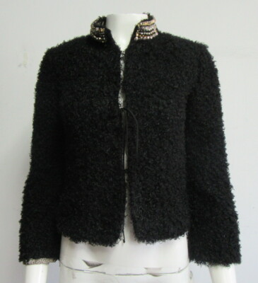 ALBERTO MAKALI Black Jewel Collar Fuzzy Jacket Size XS