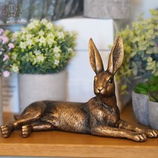 Gold Laying Hare Home Ornament | Golden Bunny Rabbit Statue Garden Indoor Decor