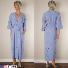    Vintage JOSIE NATORI Kimono Robe Satin Floral Blue Wrap 3/4 Sleeve Belted XL