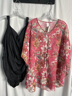 JANTZEN WOMENS 24W BLACK Swimsuit & One Size Fits All Beach Cover Up Lot NWT