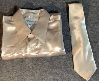 T132 TWIST PLATINUM SHINY 2PC MENS FORMAL CHAMPAIGNE BUTTON DOWN SHIRT TIE SET
