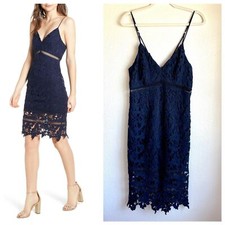ASTR The Label Floral Lace Skinny Strap Knee Length Sheath Dress in Navy Size M