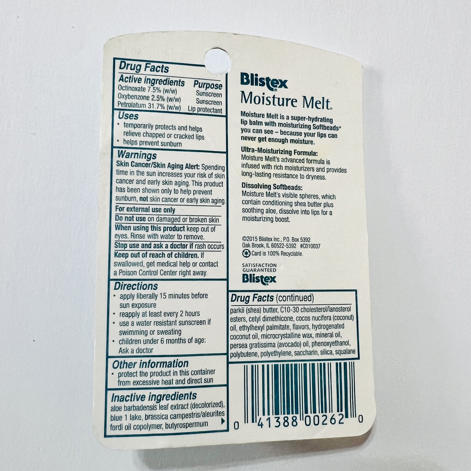 Blistex Moisture Melt Lip Protectant Sunscreen SPF 15 Shea Butter Aloe