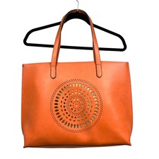 Neiman Marcus Exclusive Tote Bag Faux Leather Laser Cut Detail Orange Large