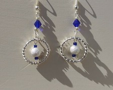 New Blue Silver Stardust Bead Wire Wrapped Hoop Metal Dangle Drop Earrings 
