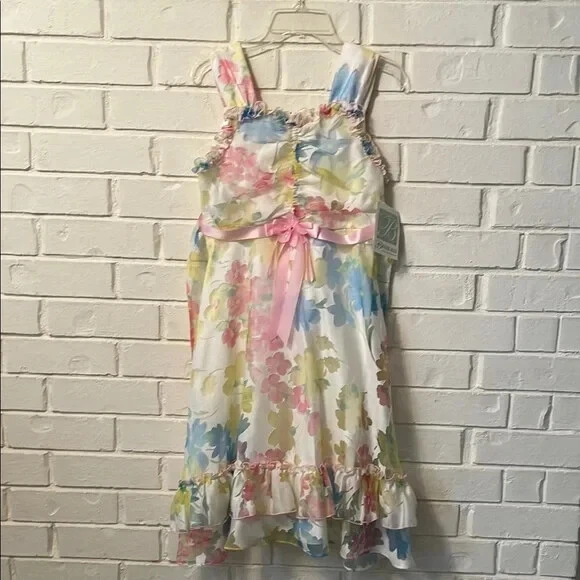 Bonnie Jean Girls Floral Ruffle Dress with Pink Ribbon Size 10 NWT