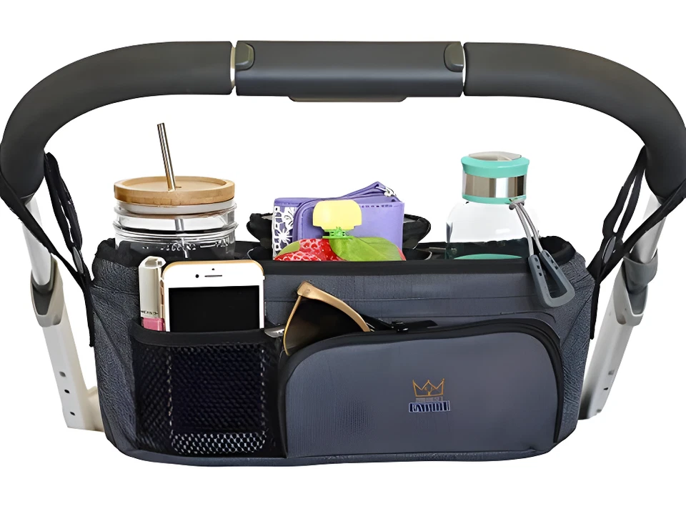 Cesta organizadora para cochecito de bebé con portavasos, diseño rígido premium Foto 4 de 4