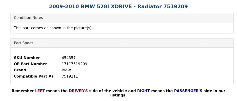 2009-2010 BMW 528I XDRIVE - Radiador 7519209 - Imagem 4 de 4