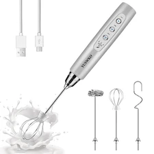 Rechargeable Milk Frother Handheld with 3 Heads, Silver Coffee Electric Whisk...